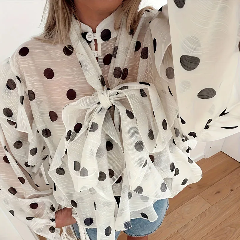 

Polka Dot Print Design Loose Pullover Autumn New Ruffled Lantern Sleeves T-shirt Women's Fashion Temperament Bow Tie Up Top Tees