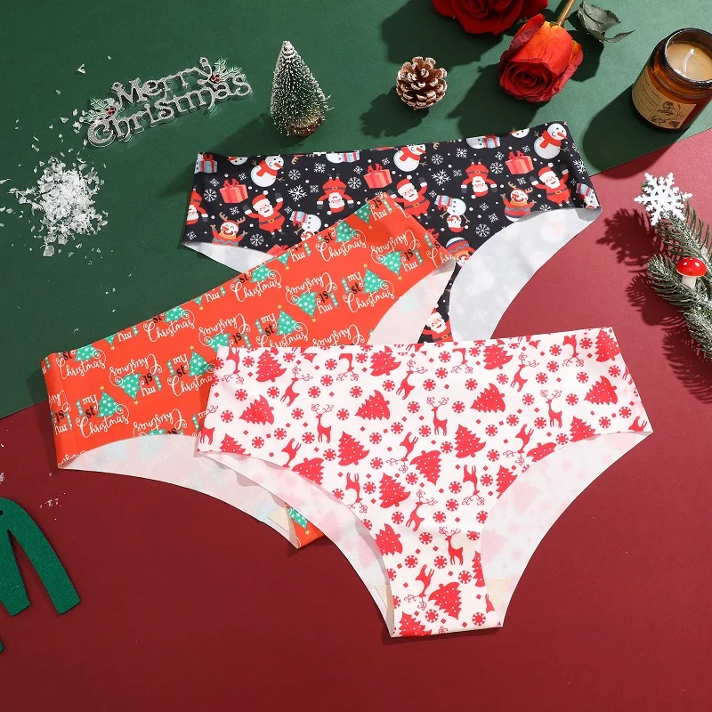 3PCS/Set Women\'s Christmas Briefs Sexy Low Rise Panties Comfortable Female Underwear Santa Claus Gifts Happy New Years Lingerie