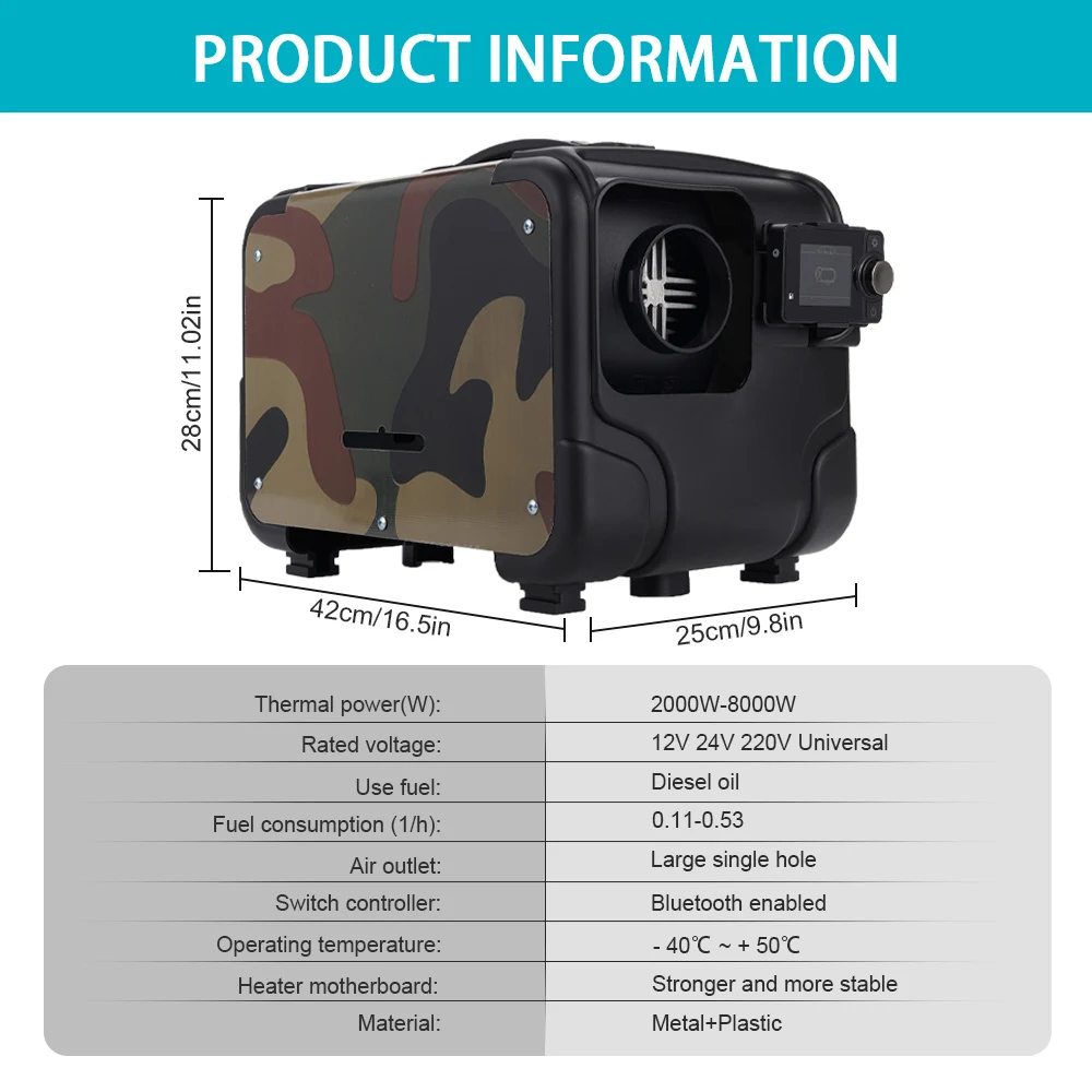 12v 24V 220V Universal Parking Heater Set Horizontal Camouflage Model 2-8KW With Bluetooth And voice Playback Function