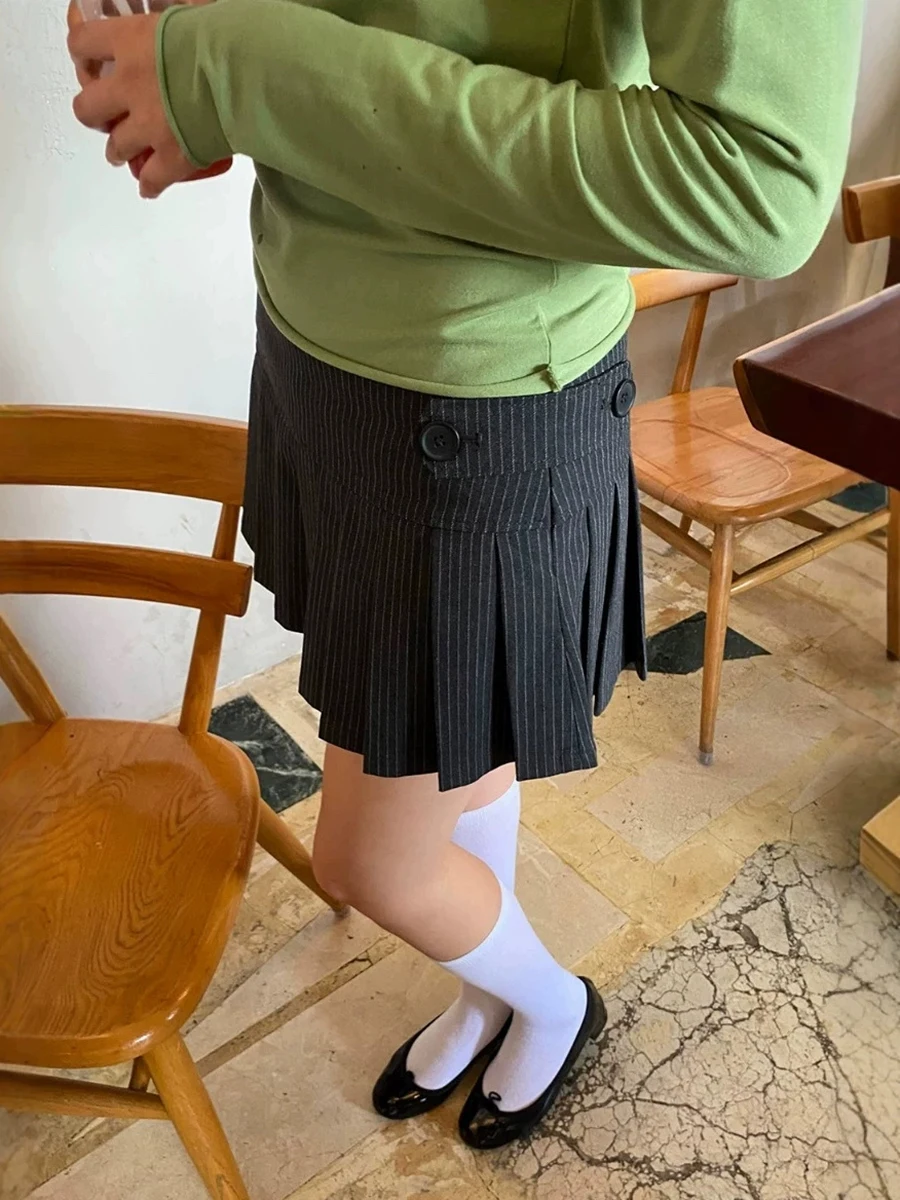 Striped Buttons Pleated Mini Skirt Woman Summer Sexy Low Waist A-line Short Faldas Female Vintage Streetwear Cotton Skirts Y2k