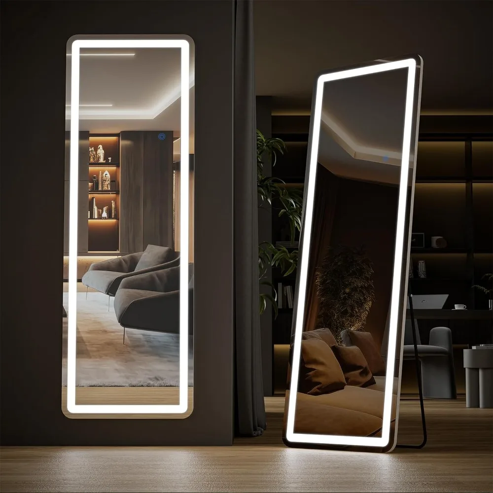 

64"x21" Mirror Full Length Standing Mirror with LED Lights, Lighted Floor Mirror with Stand, w/Dimming & 3 Color Lighting