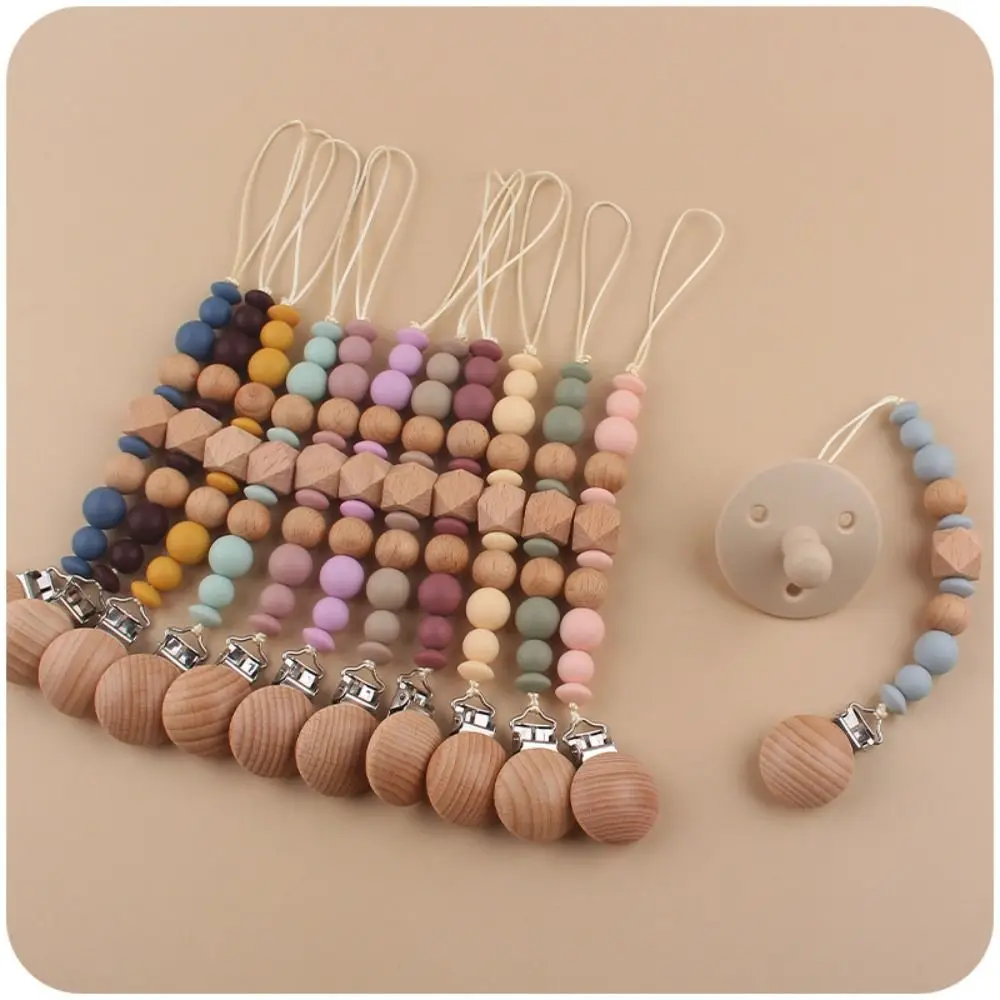 Dummy Clips Pacifier Holder Clips Octagonal Space Beads Soother Holder Baby Pacifier Chain Nipple Holder Clips Wood