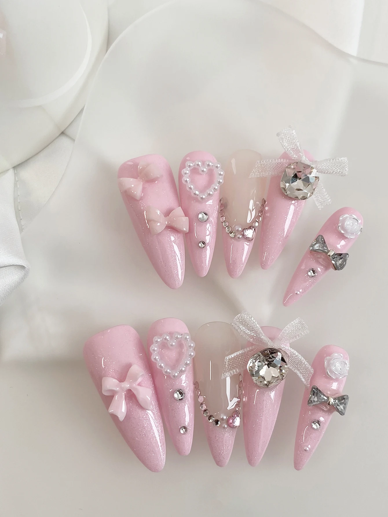 Pink Glitter Stiletto Press On Nails, 3D Bow, Heart Pearl & Crystal Charm, Handmade Reusable False Nails for Women and Girls