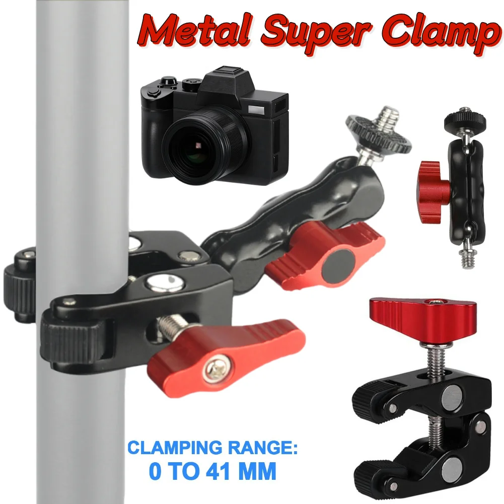 Metal Super Clamp with 1/4in 3/8in Hole Magic Arm Clamp Photography Super Clamp for Studio Flash Light Camera Tripod Monopod