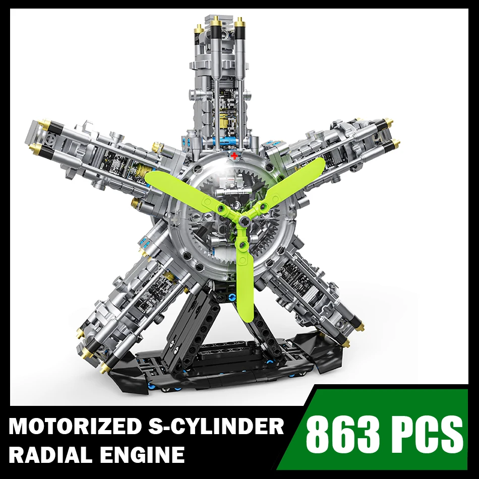 

MOC Technical Motorized S-Cylinder Radial Engine Building Blocks with Light Electrically Aircraft Engines Bricks Toys Kids Gifts