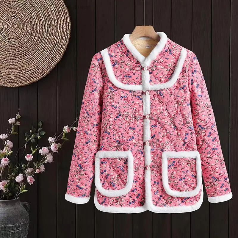 

Women's Winter Warm Jacket Thick Fleece Coat Vintage Elegant Printed Floral Outerwear Traditional Retro Button Tang Suit Top