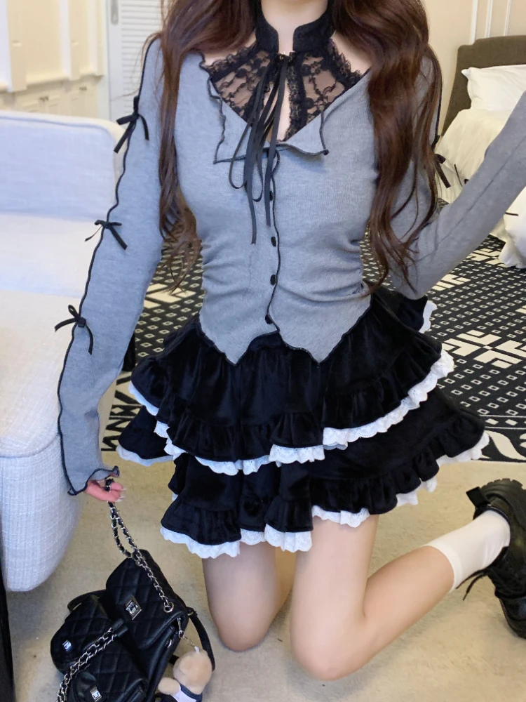 Japanische kawaii süße 2 Stück Sets Frauen y2k Slash Neck Tops Kuchen Minirock weibliche koreanische Mode Lolita Vintage elegante Sets