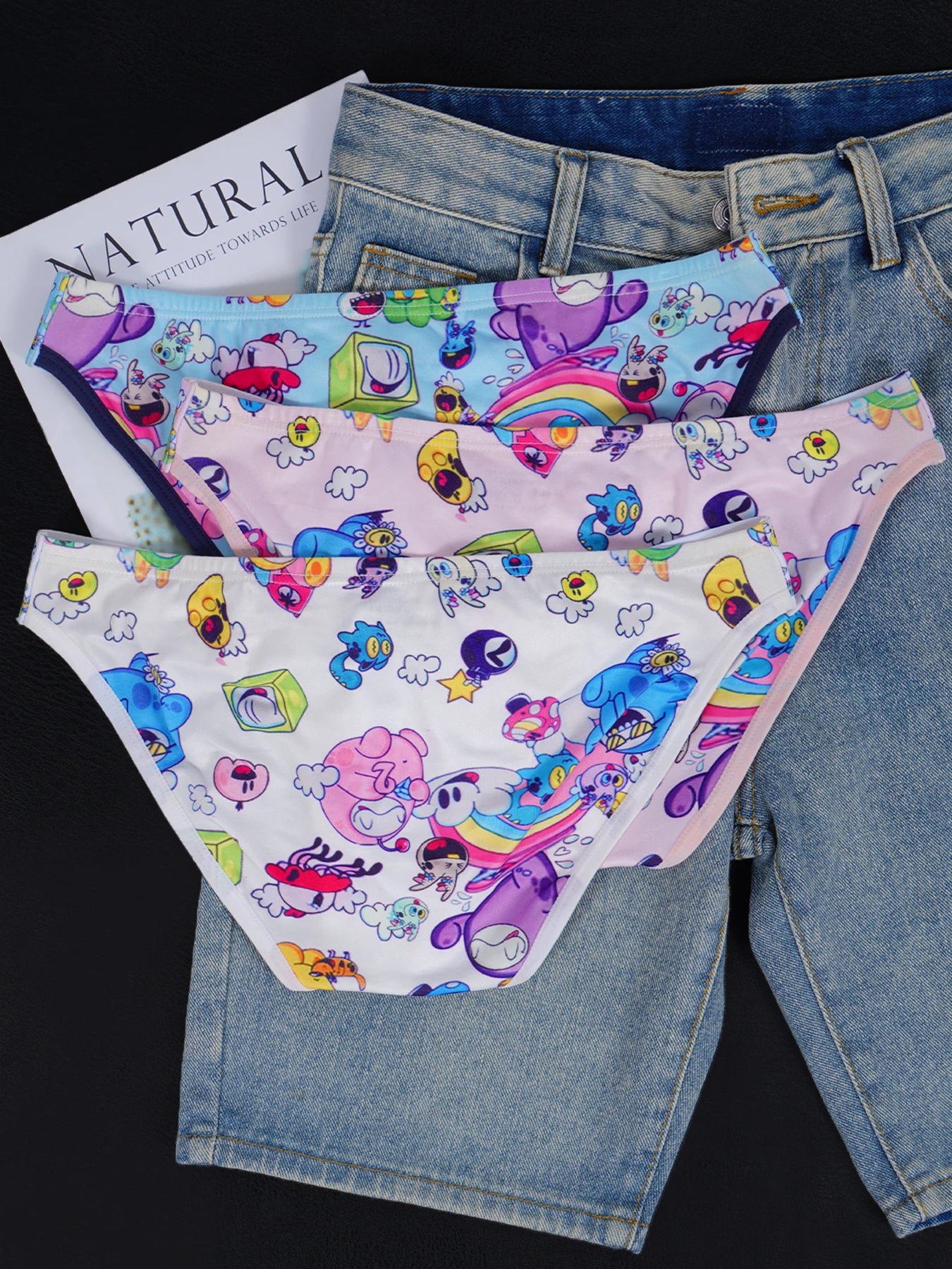 3 PCS Men's PUMP! Ice Silk Briefs U Convex Pouch Cartoon Print Elastic Waistband Soft Breathable Fashion Underwear
