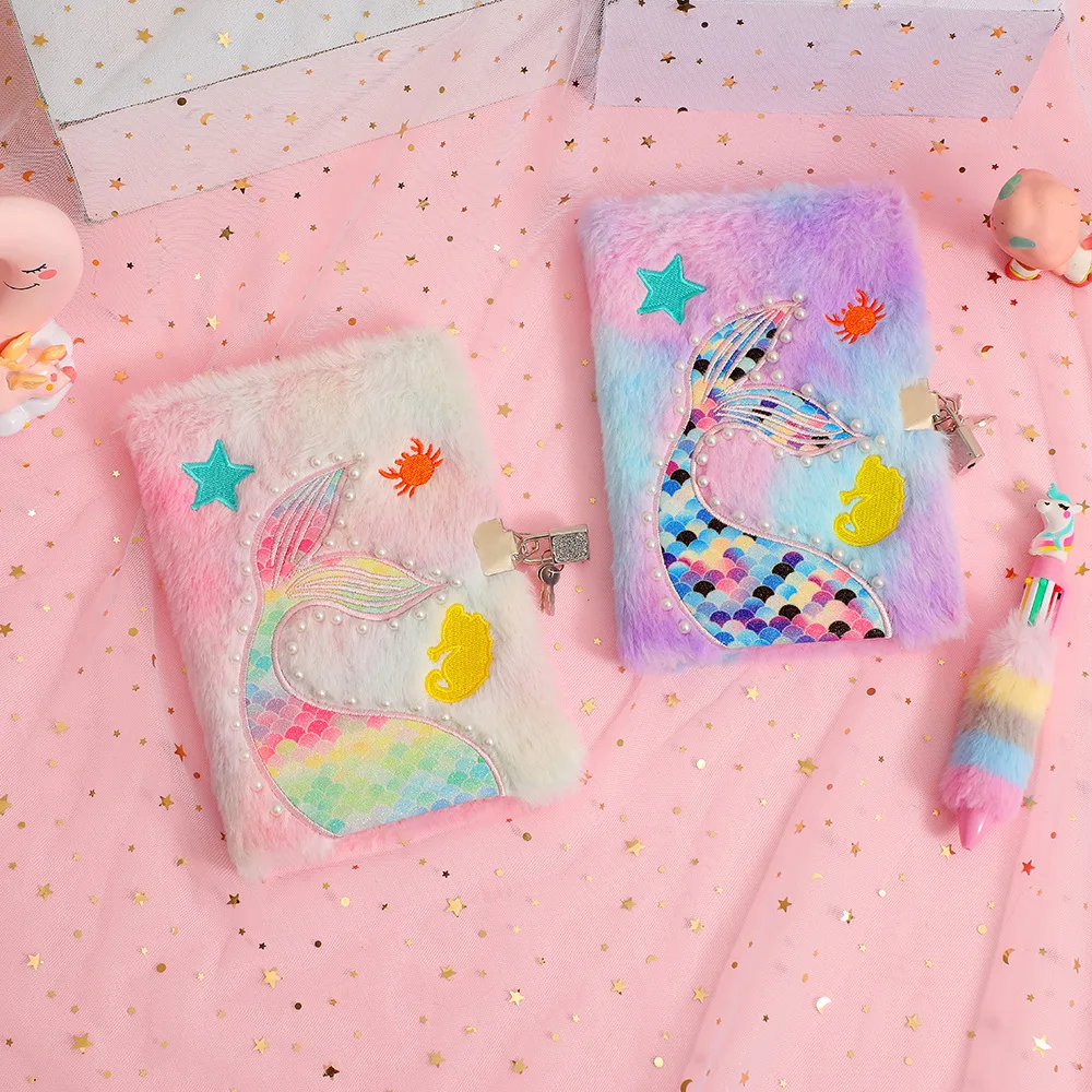 2023 Mermaid Tail Plush Notebook Girl Cartoon with Lock Diary Book Children\'s Writing Book Gift Planner Notebooks