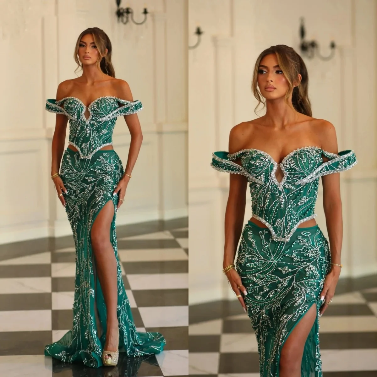 

Изысканные вечерние платья русалки с открытыми плечами и бисером, платье для выпускного вечера с блестками и разрезом по бокам, вечернее платье по индивидуальному заказу, Vestidos de noche