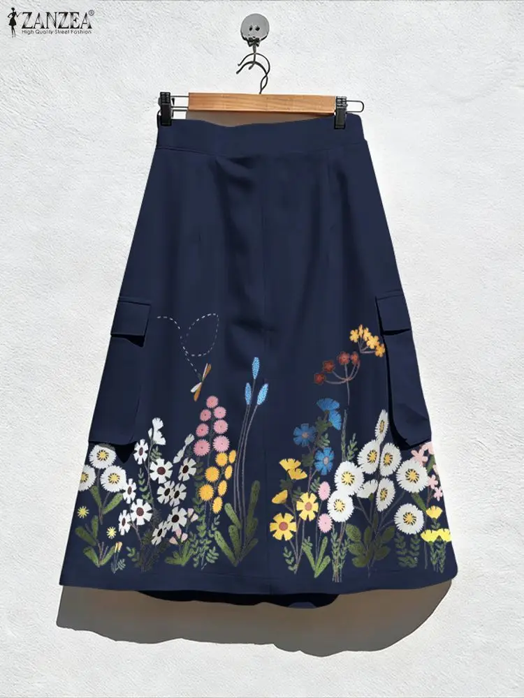 

ZANZEA Casual Floral Print Midi Skirts Women Elastic Waist Patch Pockets A-line Mid-Length Skirt Autumn 2025 Woman Clothes S-3XL