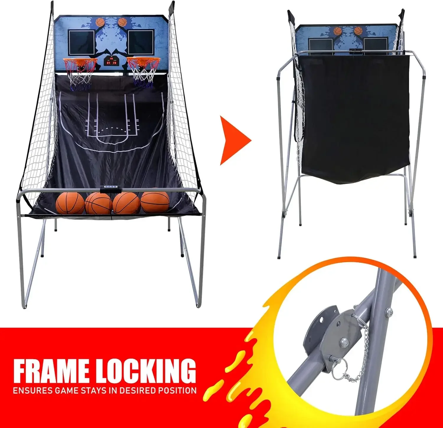 Juego de arcade de baloncesto para interiores, doble disparo, 2 jugadores con 4 bolas, marcador electrónico y bomba de inflado