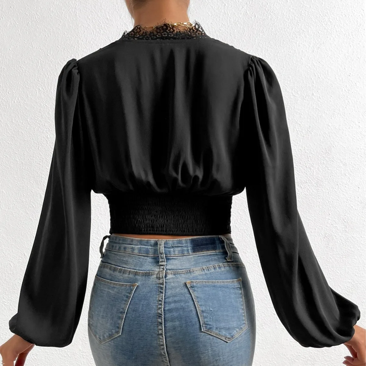 Long-sleeve Top Women\'s Clothing Streetwear New Spring 2024 V-neck Lace Splicing Sexy Blouse Elegant Pullover T-shirt for Female