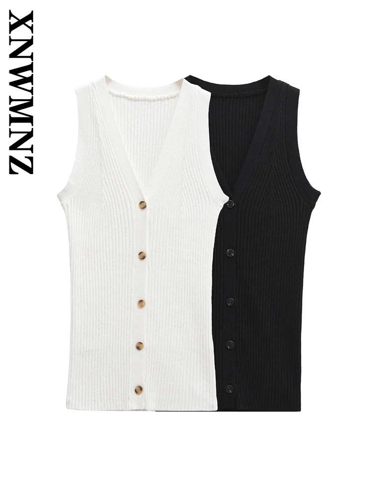 XNWMNZ 2024 New Autumn Woman's Casual Single-breasted Solid Color Sweater Vest Female Fashion V-Collar Knit Sleeveless Top Gilet