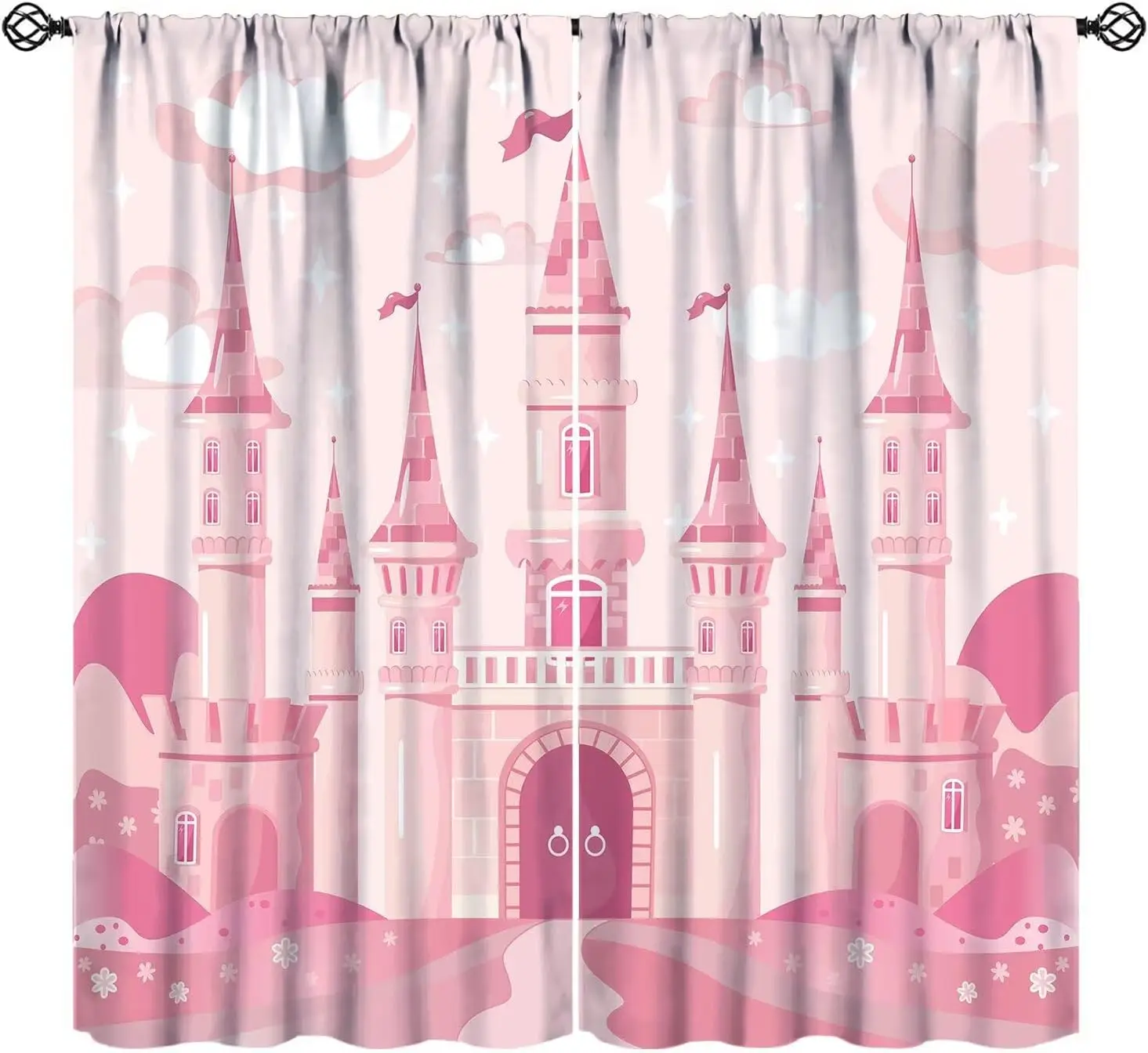 2 Panels Light Pink Castle Curtains Cartoon Princess Fort Cloud Star Floral Hill Print Drapes Cute Little Girls Bedroom Window