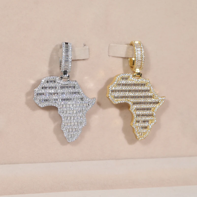 New Arrive Rectangle Cubic Zirconia CZ Paved Bling Africa Map Shaped Pendant Necklace Hip Hop Men Boy Cool Meaning Jewelry