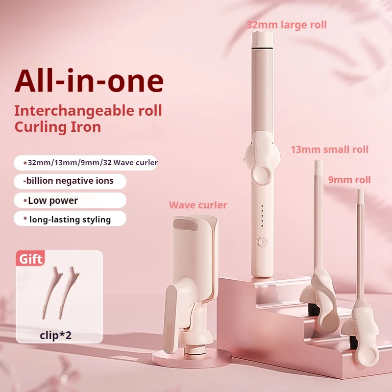 4-in-1 Curling Iron Wand Ceramic Coated Multi-Size Hair Curler Styling Tool with 5 Temperature Settings Pink Hair Styling Wand