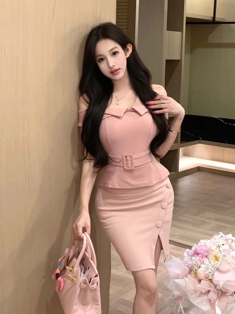 

Pink Slim Fit Fashion Set with Sash Slit One Shoulder Waist Cinched Skirt Two Piece Women's Summer Casual Sexy Style