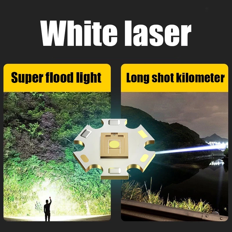 Lanterna super poderosa com laser branco, recarregável, lâmpada de tiro longo, alta potência, led, acampamento, lanterna tática