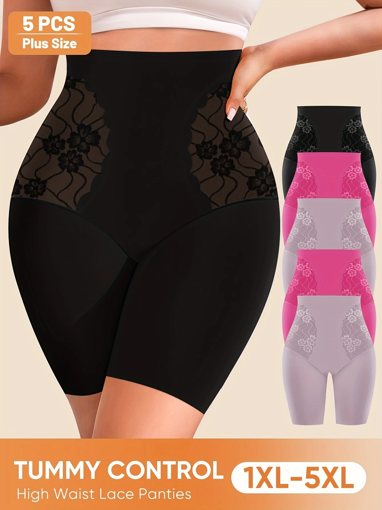 

5 шт. кружевные трусики больших размеров с высокой талией — элегантный цветочный узор, контроль живота, дышащая сетчатая ткань, 1XL-5XL, удобные