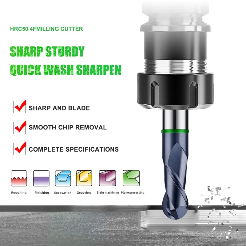 AZZKOR carburo di acciaio al tungsteno per fresa in acciaio 2F rivestimento ad anello colorato fresa a candela meccanica CNC TGH-HRC50