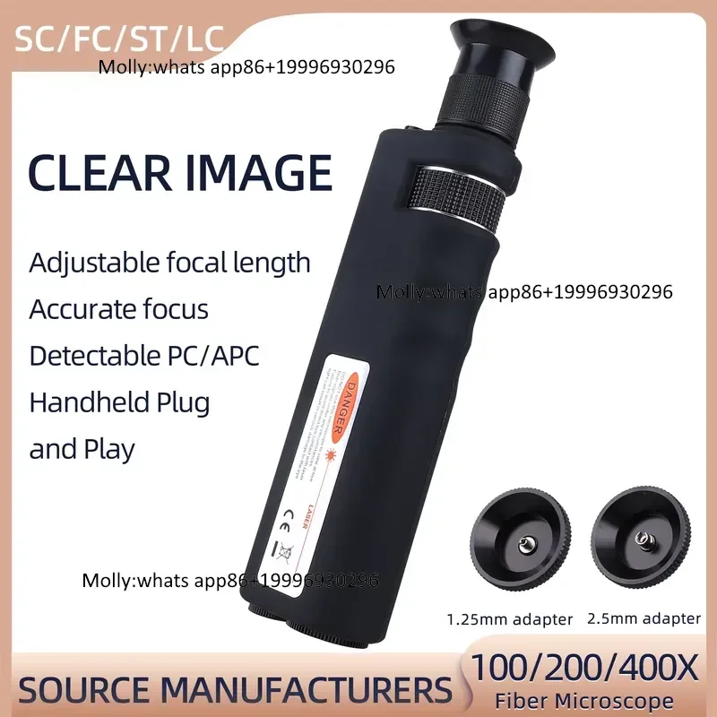 200/400X Multiples Fiber Inspection Microscope Handheld Optical Fiber End Face Magnifier 2.5mm(SC/FC/ST) /1.25mm(LC) Adapter