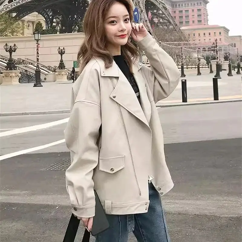 Hong Kong Style Retro Apricot Leather Jacket for Women Spring and Autumn 2024 New Short Punk Neutral Loose and PU Leather Jacket