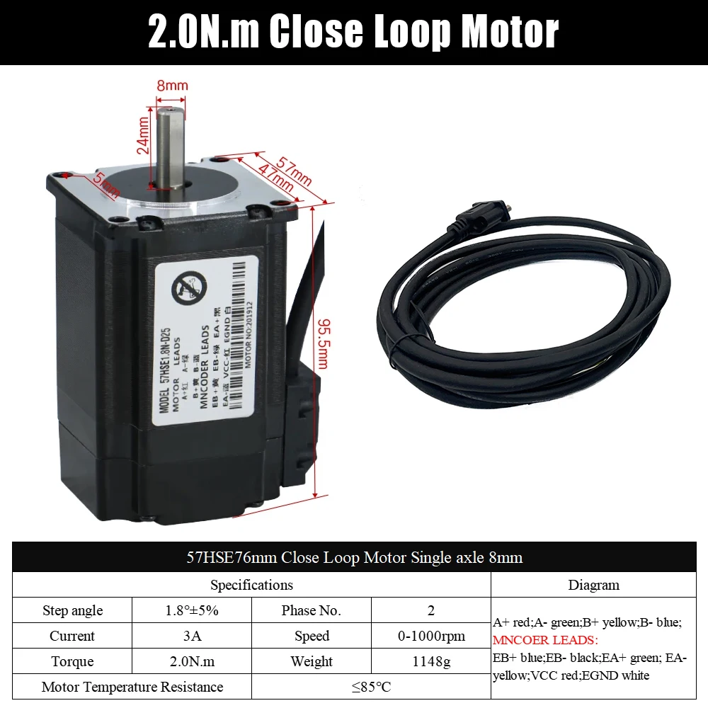 MHCNC Nema23 57HSE76 Closed Loop Easy Servo Stepper Motor 2.0N.m 3A 8mm Shaft with Encoder 3/5/8M Cable for CNC Router