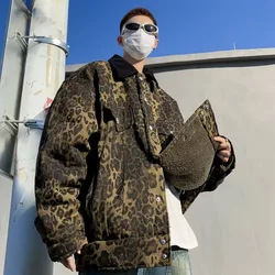 HOUZHOU Leopard Padded Jacket Men Winter Trendy Double-sided Imitation Sherpa Coat American Animal Print Warm Parkas Hip Hop