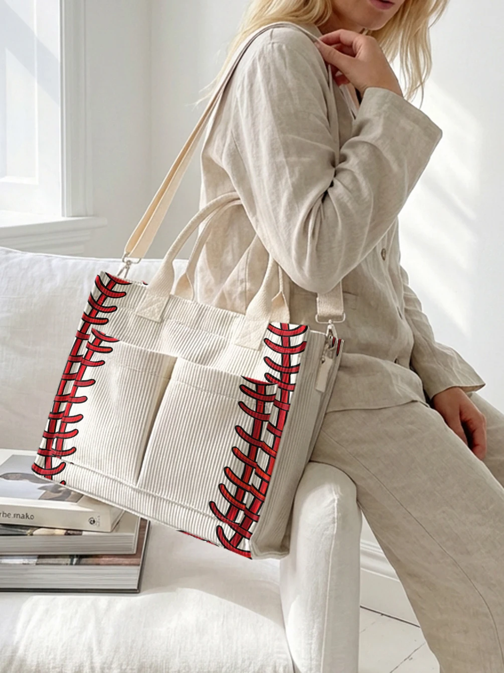 Baseball Stitch Print Corduroy Tote Bag Large Capacity Multi Pocket Sports Lover Commuter Shoulder Bag