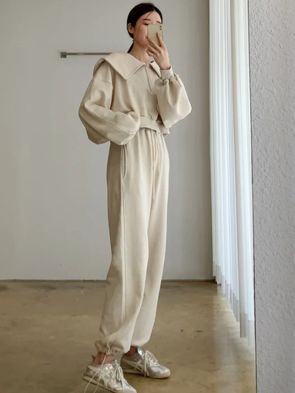 Short Drawstring Hoodie And Pants Set Women's Autumn Design Sense Youthful Half Zipper Large Collar Korean Style Sweatsuit