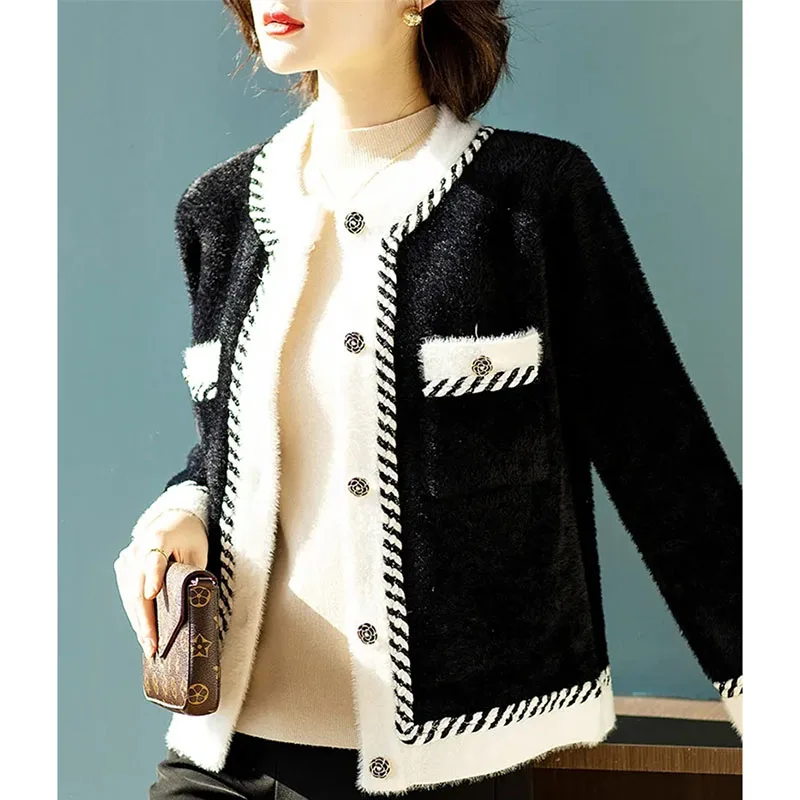 Autumn Winter Lady Round Neck Imitation Mink Fur Coat Women Color Collision Knitted Cardigan 2024 Female Long Sleeves Sweater