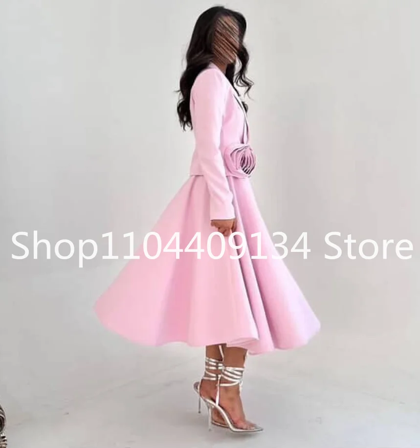 ピンク ティーレングス サウジ プロムドレス 長袖ブラウス 3D フローラル シャーリングスカート 中東 イブニングドレス ジャージー オーダーメイド カスタムサイズ