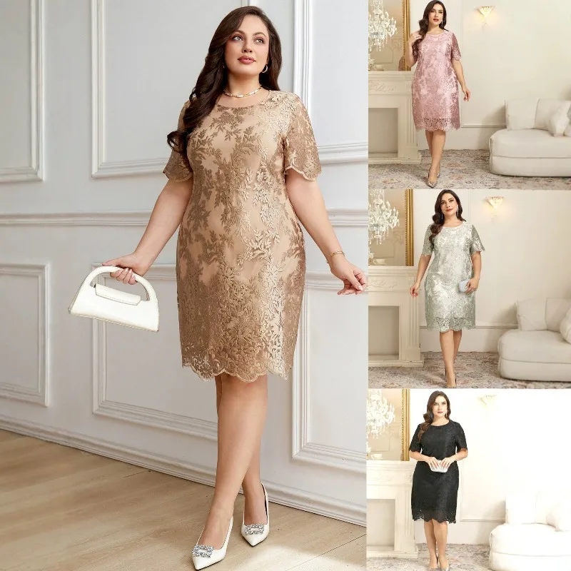 Women Plus Size Round Neck Lace Midi Dress Short Sleeve Scalloped Hem Wedding Guest Formal Dress