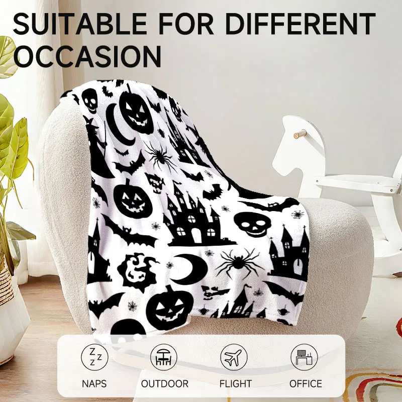 قطعة واحدة من بطانية الفانيلا باللونين الأبيض والأسود بطابع الهالوين، ناعمة، مناسبة للأريكة والسرير والمكتب والاستخدام لجميع المواسم. #3