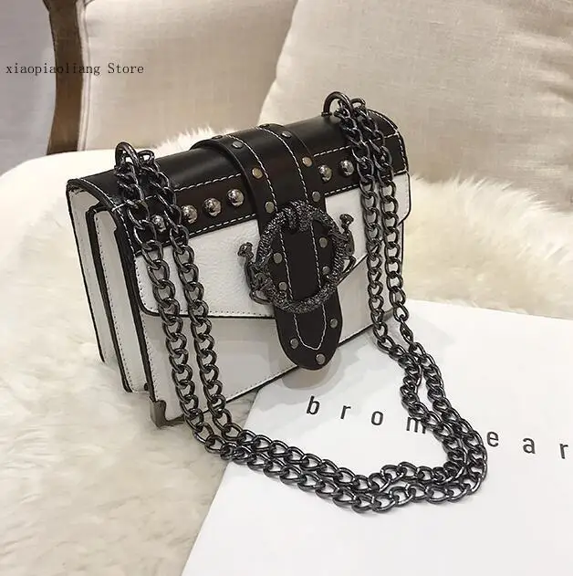 Fashion Women\'s Bag High Quality Pu Leather Designer Handbag Rivet Chain Chain Shoulder Crossbody Bag