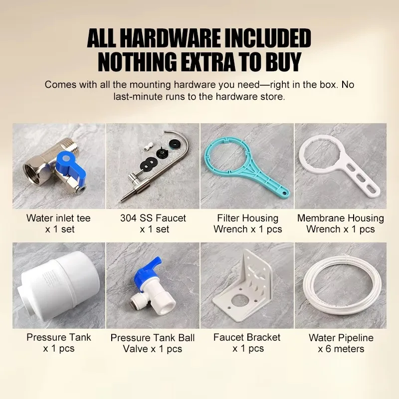OEM 75 GPD Compact Under Sink RO Water Filter System With Pressure Tank 5-Stage Purifier For Residential And Apartment Use