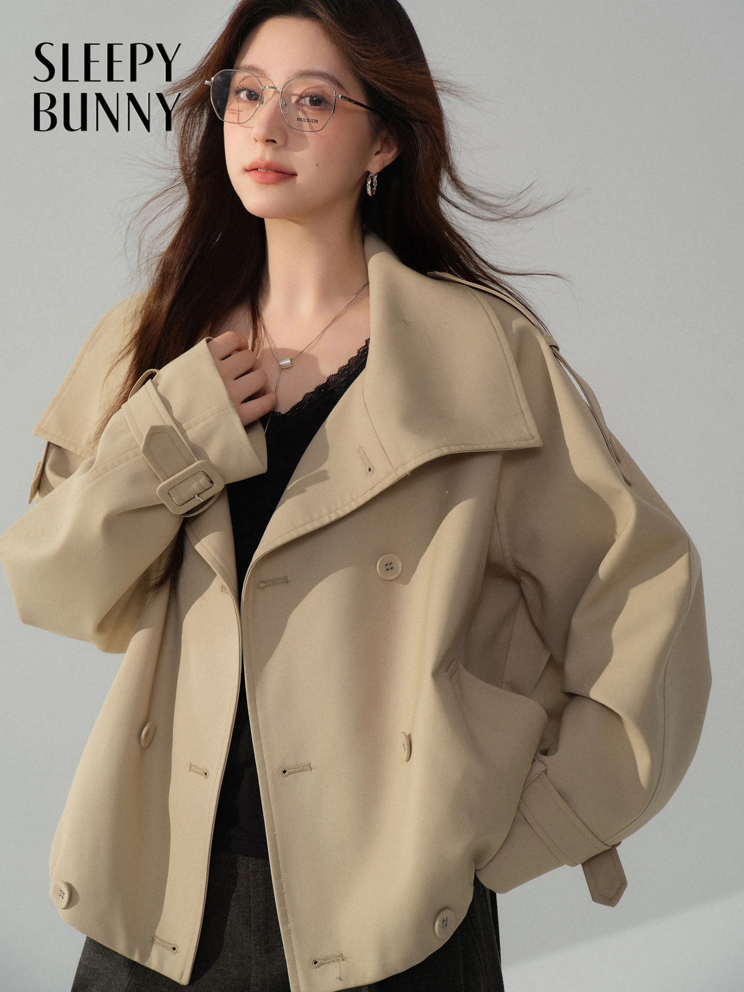 Elegant Double-Breasted Trench Coat for Women Retro Loose Raglan Sleeve Jacket Chic Lapel Outerwear for Autumn Casual Overcoat