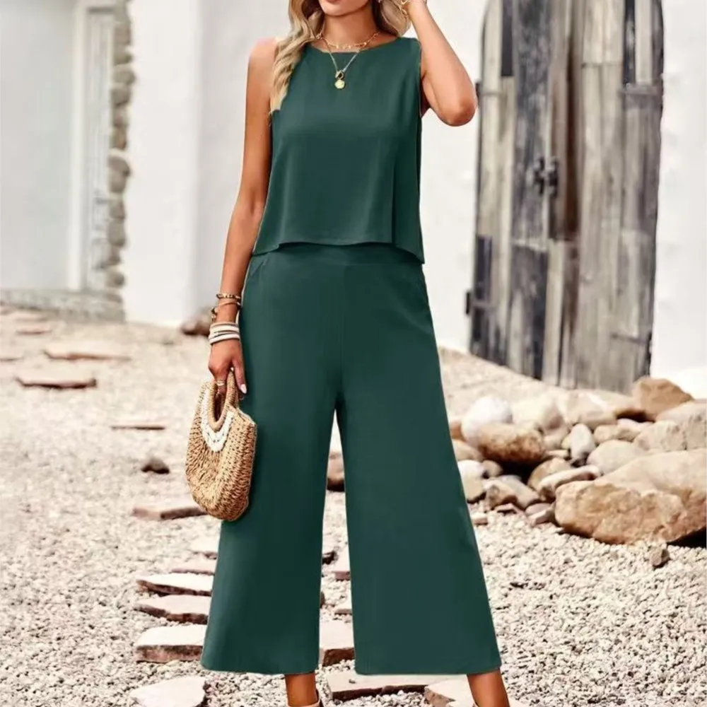 Lässige Hosen-Sets, einfarbig, täglich, Frühling, Sommer, lockerer Urlaubsstil, 2-teiliges Set für Damen, ärmellose Oberteile, Hosen, zweiteilig