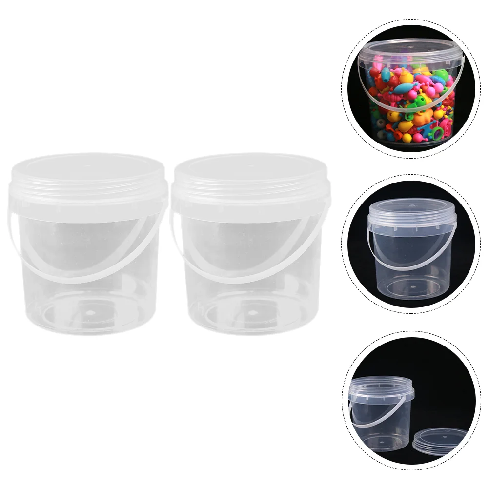 2 Pcs 1L Transparent Plastic Storage Bucket Round Container Lid Handle Large Capacity Toy Food Snack Portable Sealing Safe