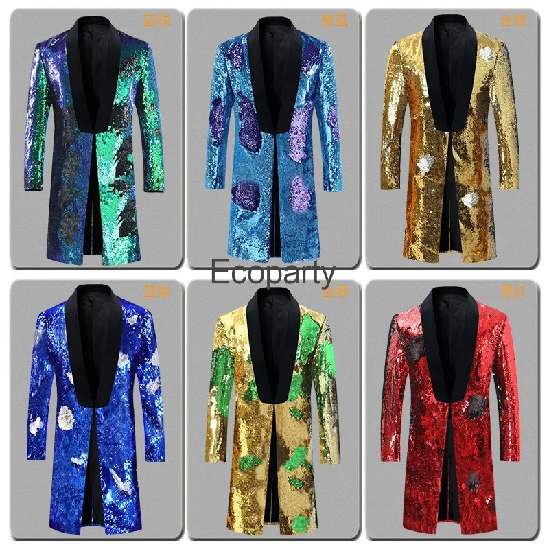 New Shiny Gold Sequin Glitter Embellished Blazer Jacket Men Fashion Nightclub Prom Suit Homme Stage Clothes For Singers Wear