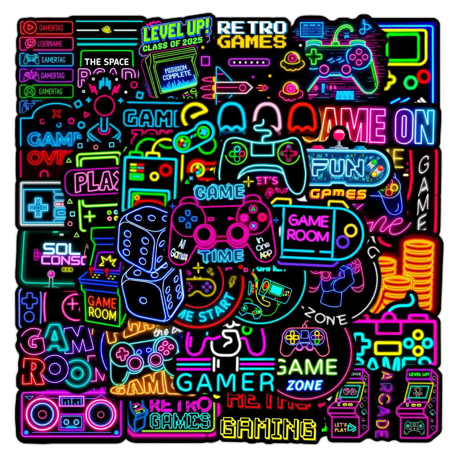 50 Stück Cartoon Neon Videospiel-Aufkleber Spielkonsolen-Sticker für Handy Laptop Koffer Notizbuch Skateboard Wasserdichte Aufkleber