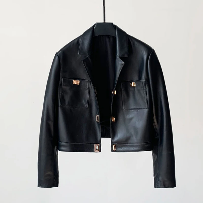 100% echtes Leder Frauen Kurze Blazer Jacke Mäntel Mode Schwarz/Weiß Weibliche Herbst Metall schnalle Casual Schaffell Anzug Jacken