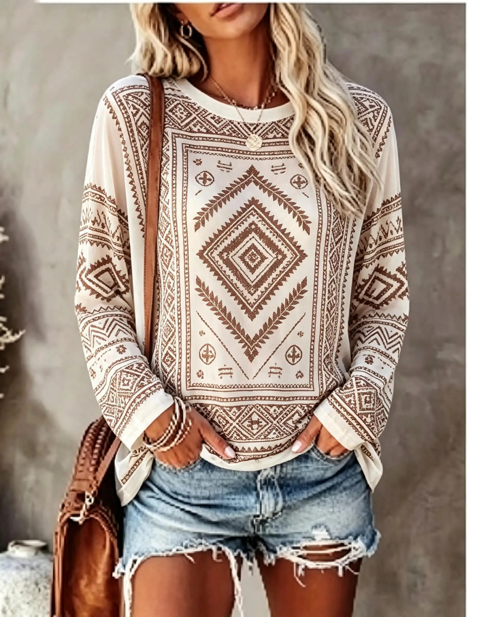 T-shirt à manches longues pour femmes, style bohème, imprimé géométrique aztèque, motif losanges, col rond, haut décontracté pour l’automne.