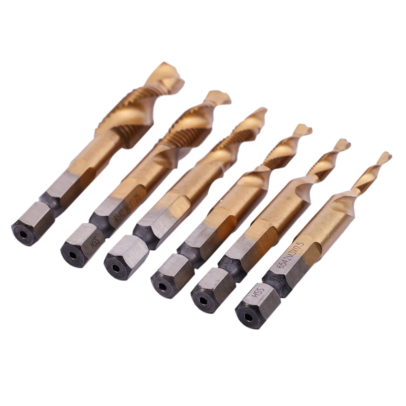 

NEW-6Pcs HSS Titanium M3 - M10 Combination Hex Deburr Countersink Tap Drill Bit Set