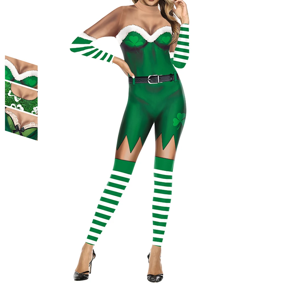 

Zawaland Irish Festival Jumpsuit Women Lucky Grass Print Holiday Cosplay Costume Party St. Parikh's Day Female Green Bodysuit