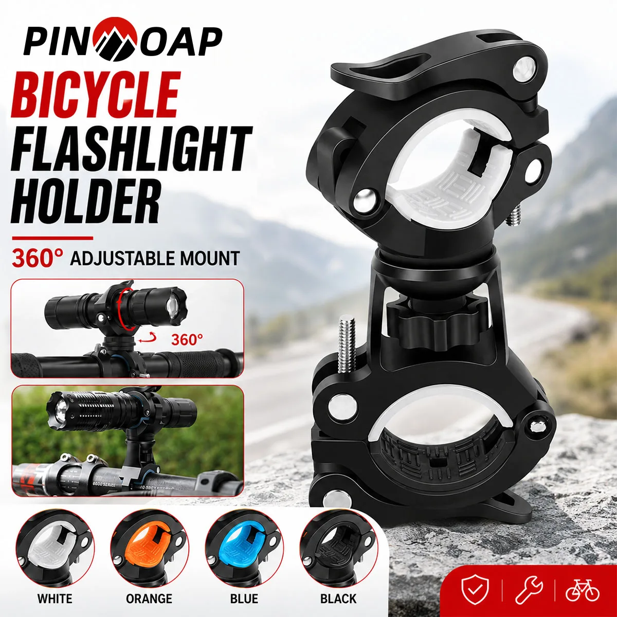PINMOAP 1PC Adjustable Bicycle Torch Holder Bike Flashlight Handlebar Mount Clip Bracket Durable Non Slip Night Riding Accessori