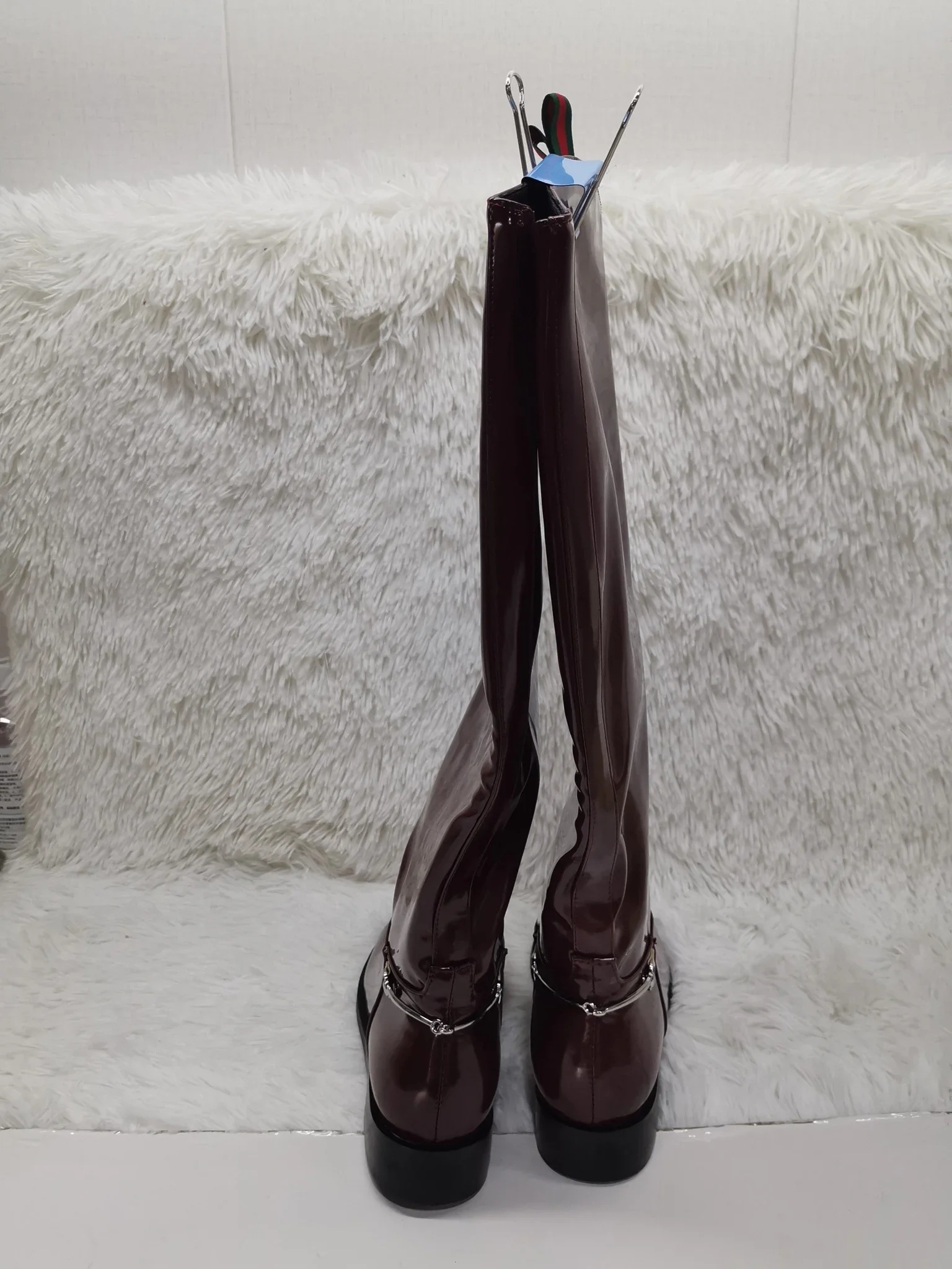 Patent Leather Solid Knee High Boots Women Round Toe Chunky Heel Metal Buckle Slip On Long Boots 2024 New Fashion Concise Boots