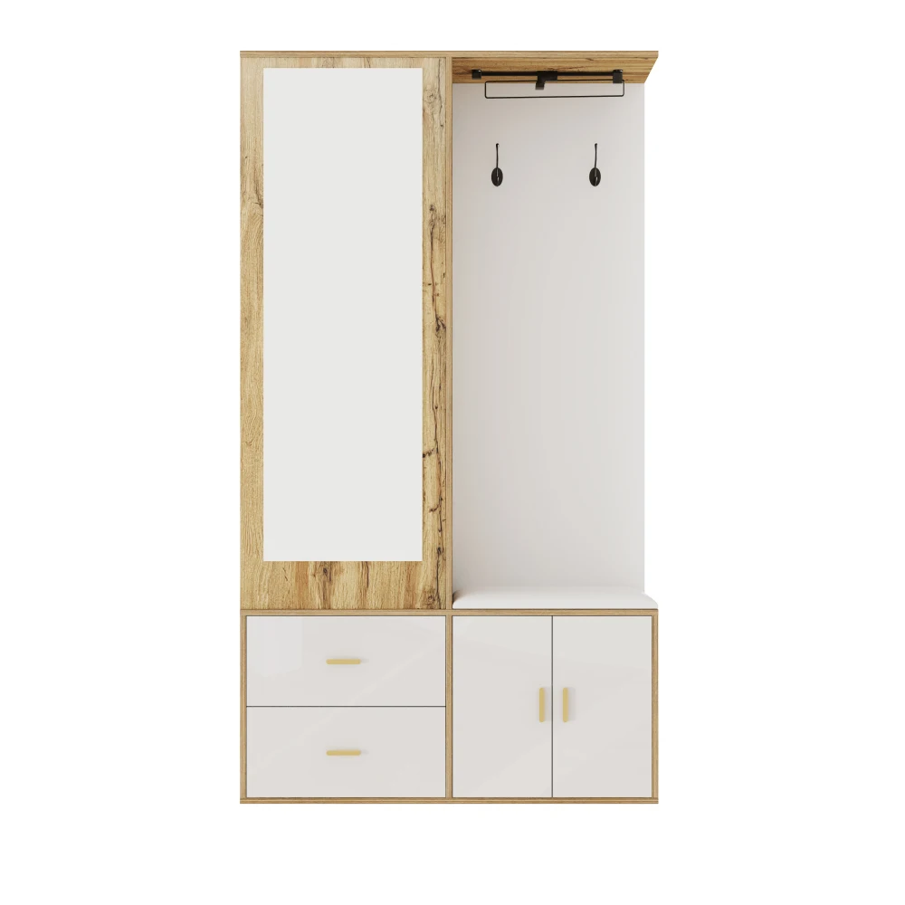 PINGGO Edles Garderoben-Set mit Spiegel, Schuhschrank, Schuhbank mit Haken, ausziehbarer Kleiderstange in Weiß und Holzfarben – Detail 21