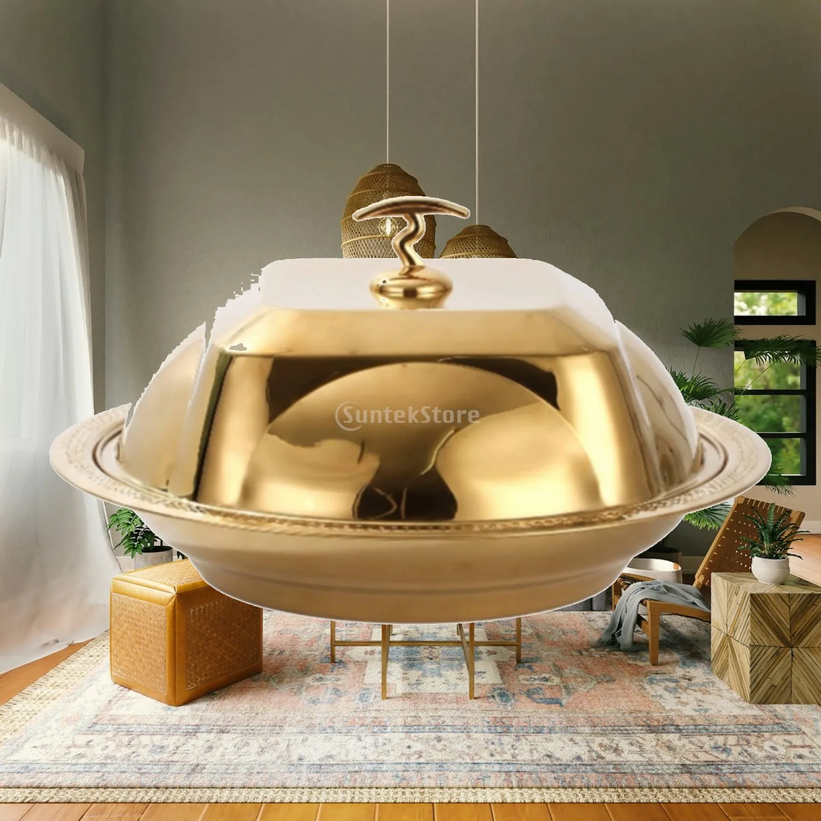 Plateau de service en acier inoxydable épaissi avec couvercle, finition miroir, plat rond décoratif, couvercle en dôme haut pour table à manger